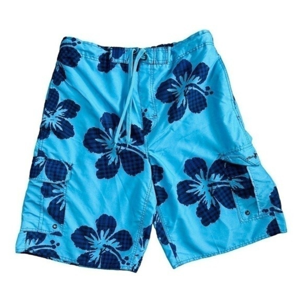 Beverly Hills Polo Club Blue Floral Print Polyester Swim Trunks Board Shorts VG - Picture 2 of 4